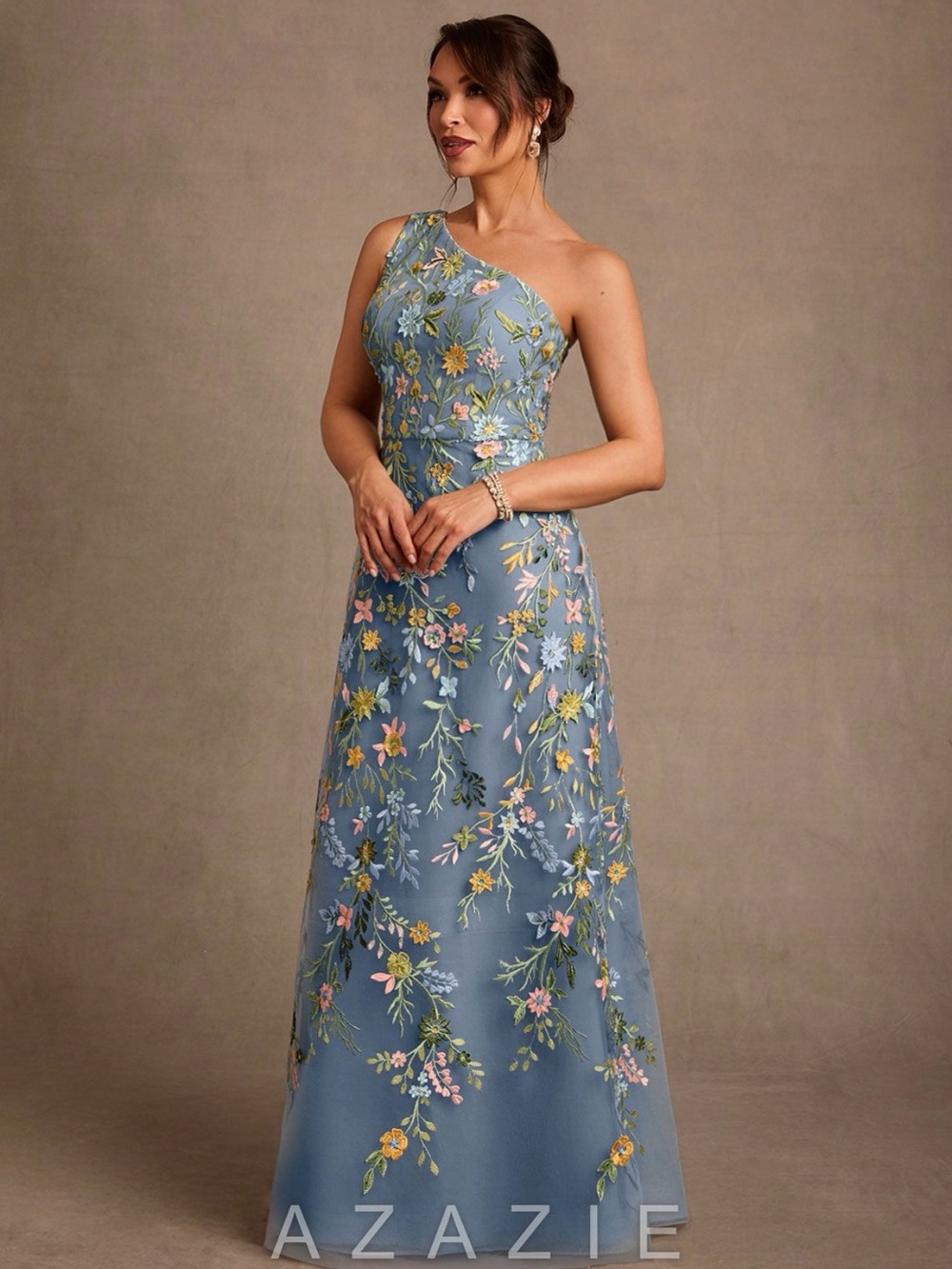 Azazie One-Shoulder Dusty Blue Floral Embroidered Gown - Picture 7 of 8